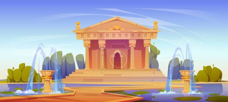 Illustration for Ancient Greek or Roman style building with columns in park with green trees and beautiful fountains. Emperors palace surrounded by summer garden under blue sky. Antique architecture monument, history - Royalty Free Image