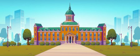 Illustration for University or college campus building front view. High school educational institution yard with green trees and grass lawn. Classic city architecture summer landscape, Cartoon vector illustration - Royalty Free Image