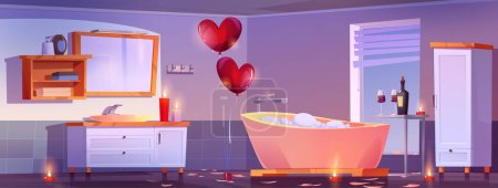 Ambiente romántico baño para pareja citas. Bañera con espuma, velas, globos del corazón, vino y copas en el interior moderno del hogar o del hotel, fondo de apartamento de dibujos animados, ilustración vectorial