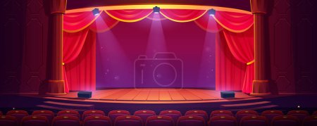 Téléchargez les illustrations : Scène de théâtre vide avec rideaux rouges et projecteurs. Illustration vectorielle de dessin animé de l'intérieur de la salle de concert avec scène en bois éclairée par des rayons de lumière, des colonnes, des rideaux de velours de luxe, des sièges d'audience - en licence libre de droit