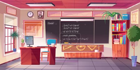 Illustration for Mathematics classroom interior, empty school class with teacher table, computer, blackboard with algebraic equations, cupboard with textbooks, posters, maths studying room, Cartoon vector illustration - Royalty Free Image