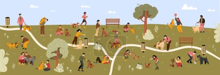 Illustration for Dog park with people walking with their pets, training and playing with puppies. Pet owners walk with dogs on leash and clean up poop, vector hand drawn illustration - Royalty Free Image