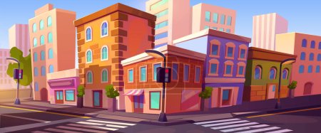 Illustration for City crossroad, empty transport intersection with traffic lights, zebra, street signs, lamps. Summertime urban view, architecture, road infrastructure, buildings, trees, Cartoon vector illustration - Royalty Free Image