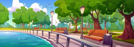 Quay in city park landscape perspective view with fenced river bay, wooden benches, green trees, litter bins and street lamps at summer time. Embankment walkway background, Cartoon vector illustration