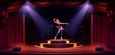 Illustration for Beautiful ballerina dancing alone on stage in spotlight beam. Cartoon vector illustration of fragile girl performing ballet on illuminated theater scene decorated with red curtains. Classical art show - Royalty Free Image