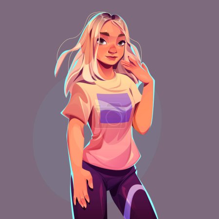 Illustration for Young blonde woman in sportswear isolated on background. Female fashion model, beautiful attractive slim girl in t-shirt and pants. Standing pretty lady portrait, vector cartoon illustration - Royalty Free Image