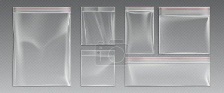 Plastiktüten mit Reißverschluss, leere Reißverschlusstaschen isoliert auf transparentem Hintergrund. Wasserdichte Polyethylen-Einwegverpackungen oder -Umschläge, realistische 3D-Vektorillustration, Clip Art, Set