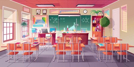 Illustration for Chemistry cabinet, classroom laboratory interior with chemical formula on blackboard, beakers for experiments, student and teacher desks. Educational empty school room, cartoon vector illustration - Royalty Free Image