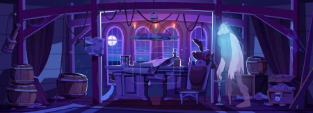 Ghost of pirate in ship cabin at night. Dark captain room interior with old chair, wooden table, barrels, treasure chest, map and soul of dead sailor, vector cartoon illustration