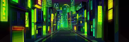 Illustration for Night city street with road and green neon glowing illumination and signboards, glow buildings perspective view. Urban architecture, megalopolis infrastructure in darkness, Cartoon vector illustration - Royalty Free Image