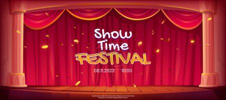 Illustration for Show time festival banner, theater stage, red curtains, columns and confetti fall on wooden floor. Invitation flyer for award ceremony, concert, music or dance performance, Cartoon vector illustration - Royalty Free Image