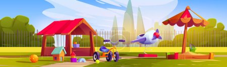 Illustration for Kids playground in house or school backyard. Summer park or kindergarten yard landscape with sandbox, toys, airplane on springs and bicycle, vector cartoon illustration - Royalty Free Image