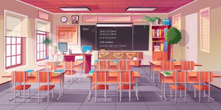Illustration for Classroom for math learning interior with teacher and students desks, chalkboard with equations and formulas, bookcase and rulers, vector cartoon illustration - Royalty Free Image