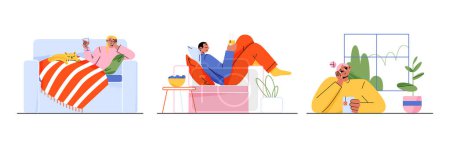Téléchargez les illustrations : Personnes détendues buvant du thé et du vin, se reposant à la maison. Ensemble de personnages heureux couchés sur le canapé, assis près de la fenêtre, dégustant une boisson chaude ou un verre de cocktail. C'est l'heure du hygge. Illustration vectorielle - en licence libre de droit