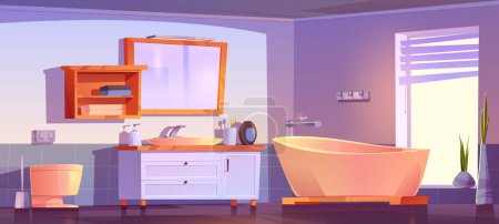 Diseño de interiores de baño de dibujos animados. Ilustración vectorial de baño, inodoro, lavabo, espejo, cepillos de dientes, botella de jabón, toallas en estante en habitación limpia con ventana grande y maceta de flores. Confort e higiene en el hogar