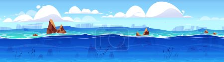 Océano o mar fondo submarino vista transversal y cielo nublado. Fondo de arena, rocas, malezas y peces nadando bajo la superficie del agua, escena marina, ilustración de vectores de dibujos animados, fondo del juego