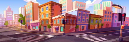 Illustration for City street with old houses, car road intersection with pedestrian crosswalk and traffic light. Old town landscape with retro buildings and crossroad, vector cartoon illustration - Royalty Free Image