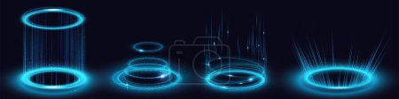 Illustration for Magic portals, blue light hologram effect, futuristic energy vortex elements. Ski-fi digital hi-tech round frames, in HUD technology style. Teleport, glow gui, ui virtual reality projector, Vector set - Royalty Free Image