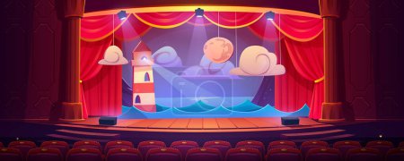 Theaterbühne mit roten Vorhängen, Sitzen und Dekorationsbake, Meereswellen und Mond mit Wolken. Schultheater, Musiksaal, Operninnenraum mit Holzszene und Säulen, Cartoon-Vektorillustration
