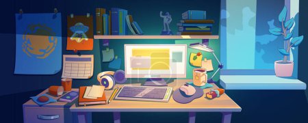 Illustration for Workplace desk with computer at night room. Home work space with table, desktop, coffee cup, potted plant, mobile phone and stationery, messy freelancer or student place, Cartoon vector illustration - Royalty Free Image