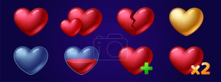 Set of heart game icons, fill progress score or level elements, red or gold, full and empty user Ui status of life, love, health, energy and resource for pc or mobile app, Cartoon vector illustration