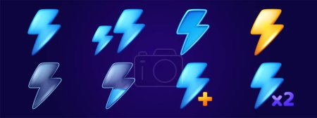 Illustration for Set of lightnings game fill progress score or level elements, full and empty flash bolts, user Ui or gui status icons of health, energy and resource for pc or mobile app, Cartoon vector illustration - Royalty Free Image