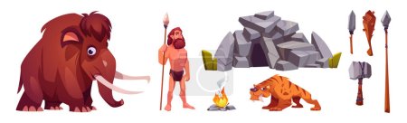 Illustration for Cave man, prehistoric primitive person in stone age cartoon icons set. Bearded caveman wear pelt holding spear weapon and ancient animals mammoth and saber-toothed tiger isolated vector illustration - Royalty Free Image