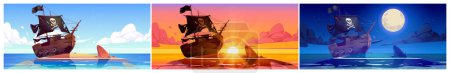 Kaputtes Piratenschiff auf einer Seeinsel bei Nacht, Sonnenuntergang und Nachmittag. Vektor-Cartoon-Illustrationen der Ozeanlandschaft mit Sandstrand und altem Korsaren-Boot nach Schiffbruch zu verschiedenen Tageszeiten