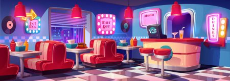 Illustration for Fast food retro cafe night interior with tables, cashier desk with high chairs, glowing menu and signboards. Cafeteria, fastfood restaurant in vintage style with city view, Cartoon vector illustration - Royalty Free Image