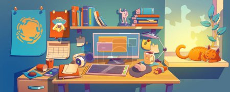 Illustration for Messy teenagers work space at home. Contemporary vector illustration of students room interior, computer on desk with dirty cups and papers, books on shelf, pictures on wall, cat sleepig on windowsill - Royalty Free Image