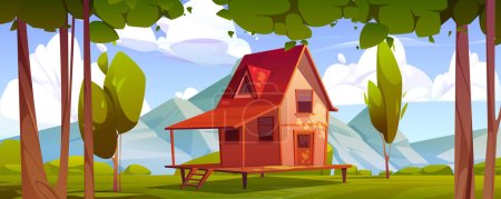 Illustration for Cottage on green field at mountain valley landscape. Wooden house on stilts on summer meadow with trees under blue sky with clouds at sunny day. Home with terrace on piles, cartoon vector illustration - Royalty Free Image