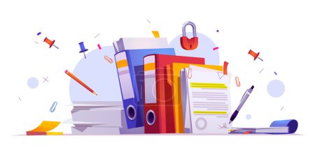 Illustration for Office stationery and documents on desk, papers, files, folders, pen or pencil with notepad and pins, clips and sticky notes. Paperwork items on table, secretary workplace, Cartoon vector illustration - Royalty Free Image