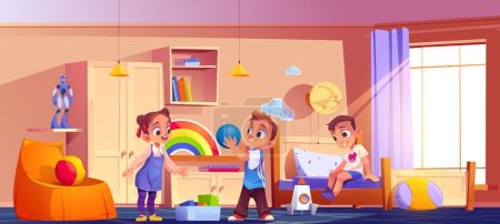 Illustration for Kids playing in room, children at home interior with bed, furniture and toys scatter on floor. Little brothers with sister or friends indoor game, fun, recreation, Cartoon vector illustration - Royalty Free Image