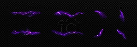 Illustration for Lightning, electric purple thunderbolt strikes. Impact, crack, magical energy flash. Powerful electrical discharge, Realistic 3d vector bolts during night storm isolated set on transparent background - Royalty Free Image
