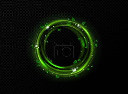 Illustration for Green light circle frame with sparks and leaves motion effect. Magic glow with star dust and sparkles. Power of nature magician spell or portal hole, vortex isolated Realistic 3d Vector illustration - Royalty Free Image