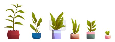 Pflanzen in Töpfen für Wohn- und Büroeinrichtung. Vasen mit Blumen, Zimmerpflanzen mit grünen Blättern auf weißem Hintergrund, Vektor-Cartoon-Illustration