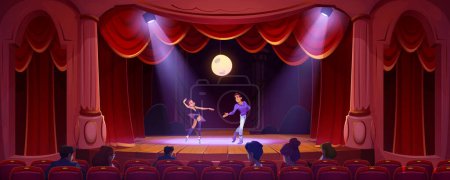 Illustration for Ballet dancers perform on theater scene. Ballerina and man artist wear costumes dance on classic stage with red curtains, spotlights, moon and people sitting on chairs, Cartoon vector illustration - Royalty Free Image
