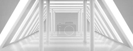 Illustration for White open space room interior with columns and large windows on roof and walls. Futuristic architecture design of modern rooftop art gallery, museum, office, apartment. Realistic vector illustration - Royalty Free Image