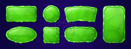 Set von klebrigen Schleimrahmen isoliert auf dem Hintergrund. Cartoon-Vektor Illustration von rechteckigen, quadratischen, runden und ovalen grünen Gelee-Rändern mit zähflüssiger Schleimstruktur, fließenden Flüssigkeiten und giftigen Klecksen
