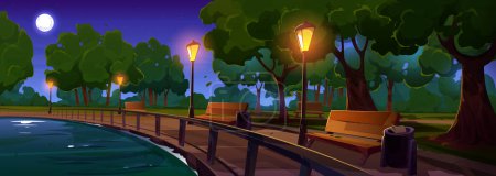 Illustration for Riverside night park lane with benches and illuminated light posts under green trees growing along river. Cartoon vector illustration of beautiful public garden under dark sky with stars and full moon - Royalty Free Image
