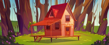 Illustration for Wooden stilt house on green forest glade landscape. Cartoon vector illustration of cozy small hut with ladder surrounded by tall trees, grass, blooming bushes in thick summer wood. Forester cottage - Royalty Free Image