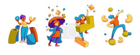 Illustration for People with geometric shapes. Concept of work organize, creative solution, balance and management with characters holding abstract figures, vector illustration in contemporary style - Royalty Free Image