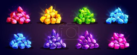 Illustration for Game icons of precious gemstones piles. Heaps of shiny gems, jewel stones and gold nuggets. Symbols of wealth, pirate treasure isolated on background, vector cartoon illustration - Royalty Free Image