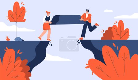 Illustration for Team building bridge, business concept of cooperation, searching solution, strategy and partnership collaboration. Male and female characters trying connect rock edges, Linear flat vector illustration - Royalty Free Image