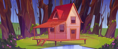 Illustration for Wooden stilt house at summer forest in rainy weather. Old shack on piles with terrace on green wood field under rain shower and trees around. Uninhabited forester hut, Cartoon vector illustration - Royalty Free Image