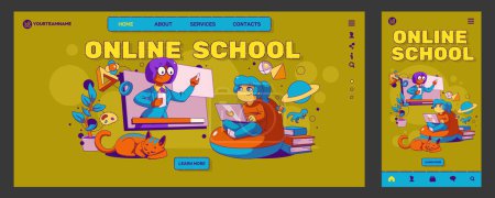 Online school website templates set. Contemporary vector illustration of happy kid sitting home with laptop, having lesson with teacher via internet. Landing page for computer and mobile gadget