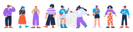 Illustration for Young people group, diverse stylish characters isolated on white background. Happy adult persons, students, teenagers, friends, vector hand drawn illustration - Royalty Free Image
