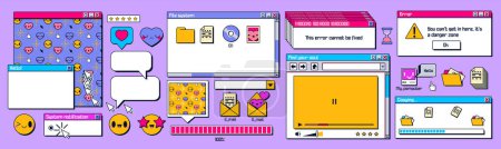 Retro computer screen interface with windows, icons, message frames. Old desktop pc screen elements, retrowave digital style, vector cartoon set isolated on background