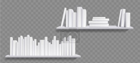 Illustration for Books on shelf realistic mockup, bookshelf with bestsellers. Booklets with white covers and spines in library or store. Diary volumes with empty paperback lying and standing in row, 3d vector mock up - Royalty Free Image