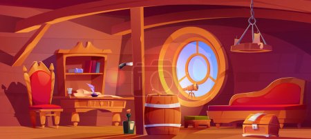 Illustration for Pirate ship cabin interior with table, chair, sofa, telescope, treasure chest, barrel and bottle. Empty captain room on boat with wooden beams and porthole, vector cartoon illustration - Royalty Free Image